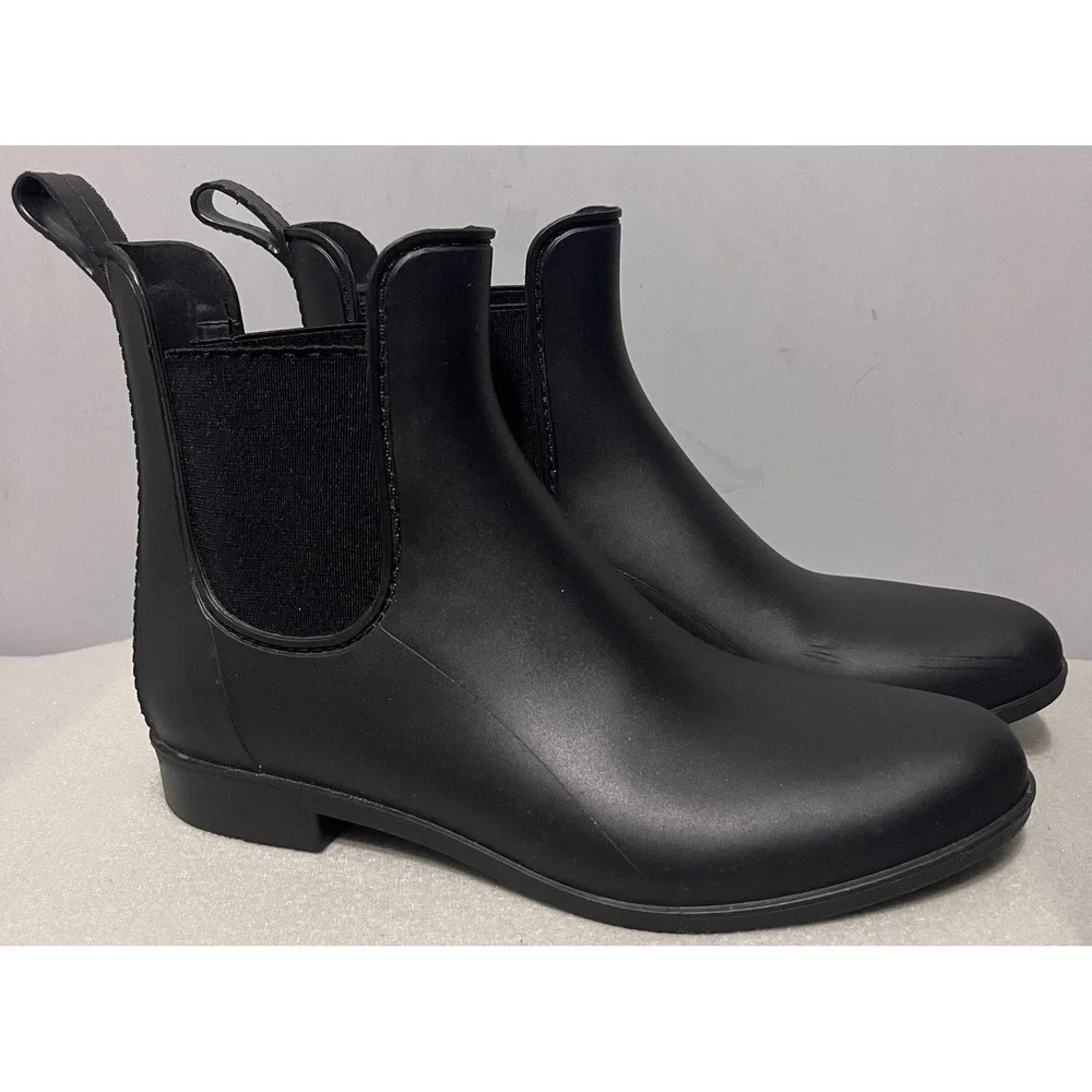 J Crew Womens Black Matte Rubber Chelsea Rain Boots Ankle Pull On Low Heel